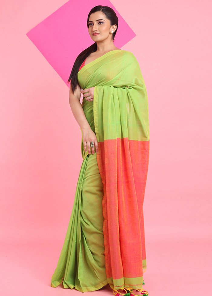 Parrot Green Cotton Saree With Blouse Piece