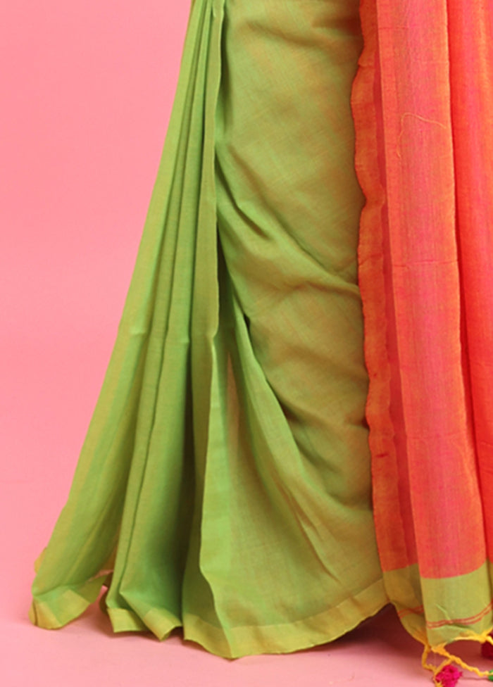 Parrot Green Cotton Saree With Blouse Piece