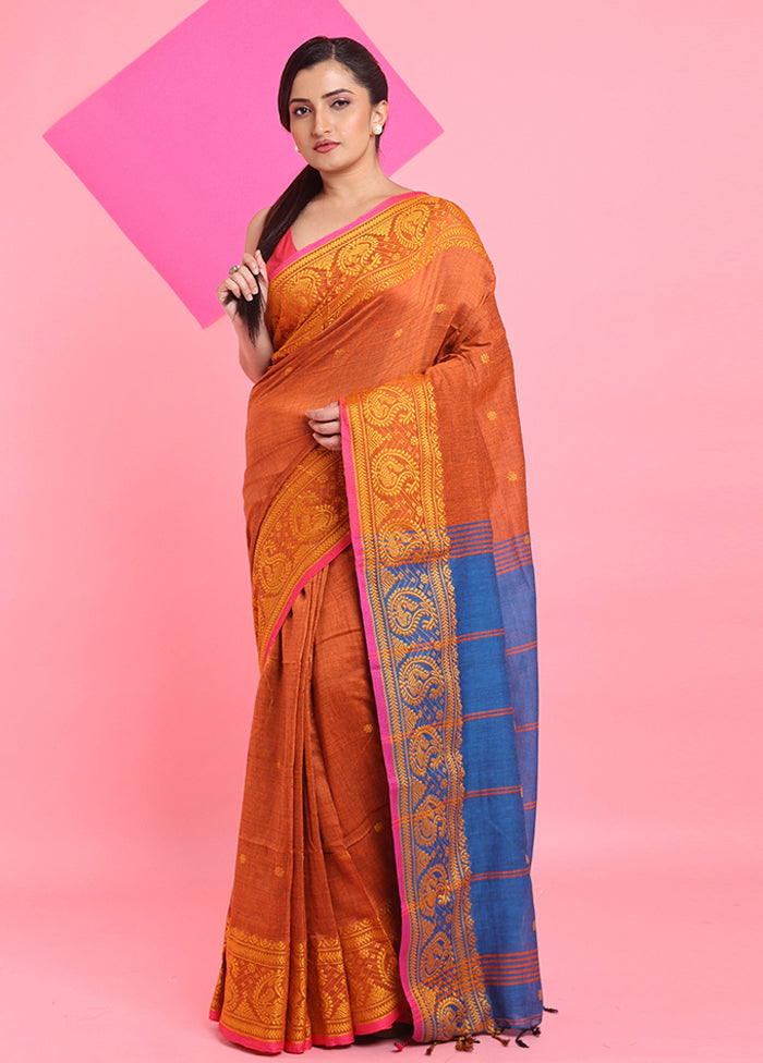 Rust Cotton Saree With Blouse Piece