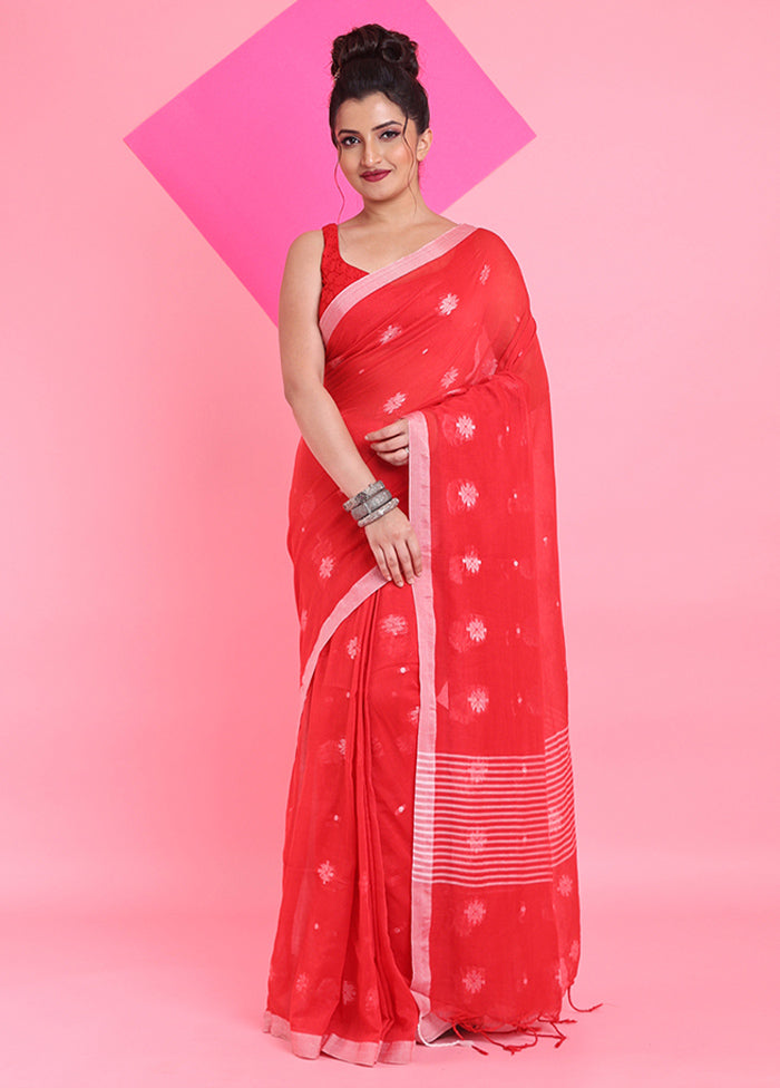 Red Cotton Saree With Blouse Piece