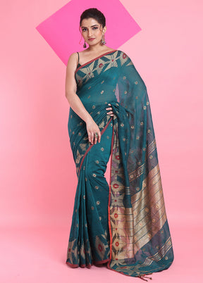 Teal Cotton Saree With Blouse Piece