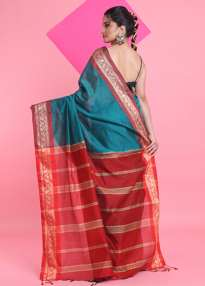 Teal Cotton Saree With Blouse Piece