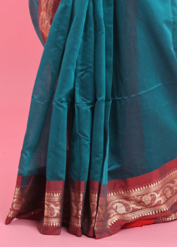 Teal Cotton Saree With Blouse Piece