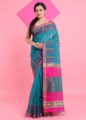 Teal Cotton Saree With Blouse Piece