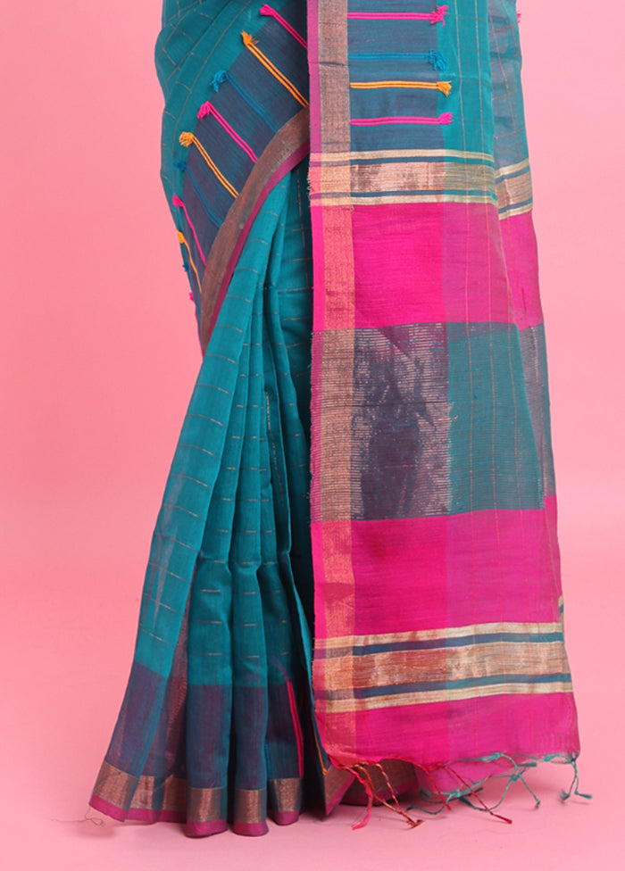 Teal Cotton Saree With Blouse Piece