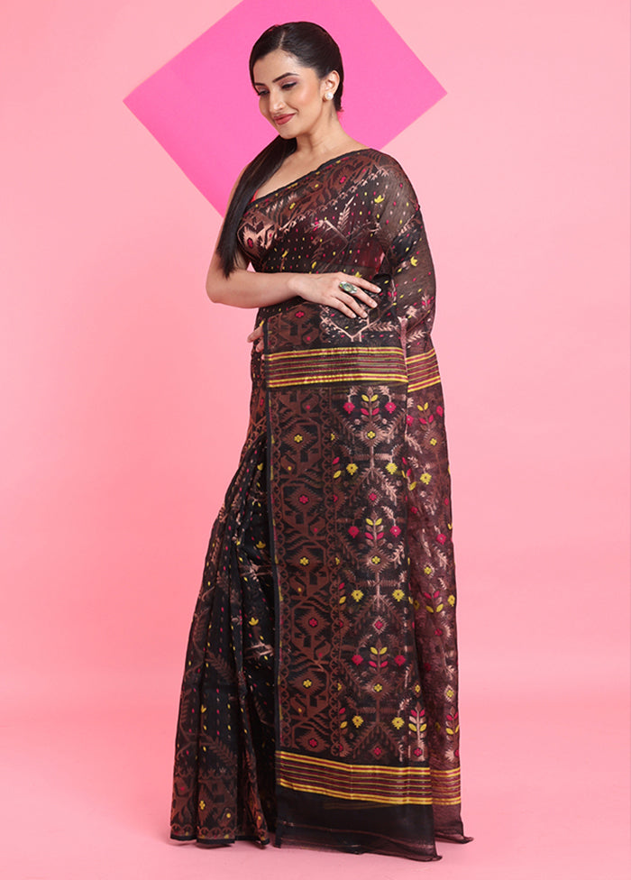 Black Cotton Woven Work Saree Without Blouse Piece