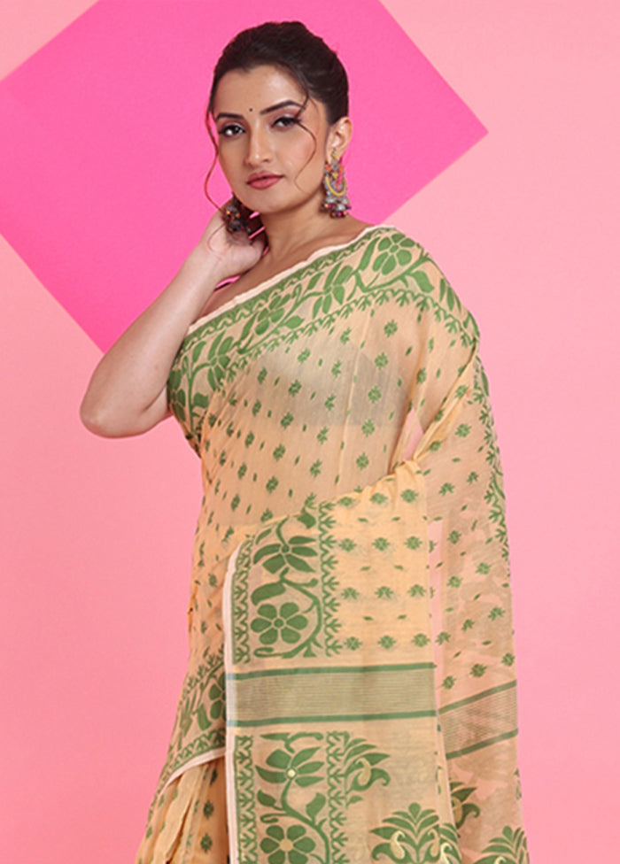 Cream Cotton Woven Work Saree Without Blouse Piece