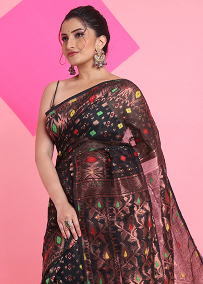 Black Cotton Woven Work Saree Without Blouse Piece