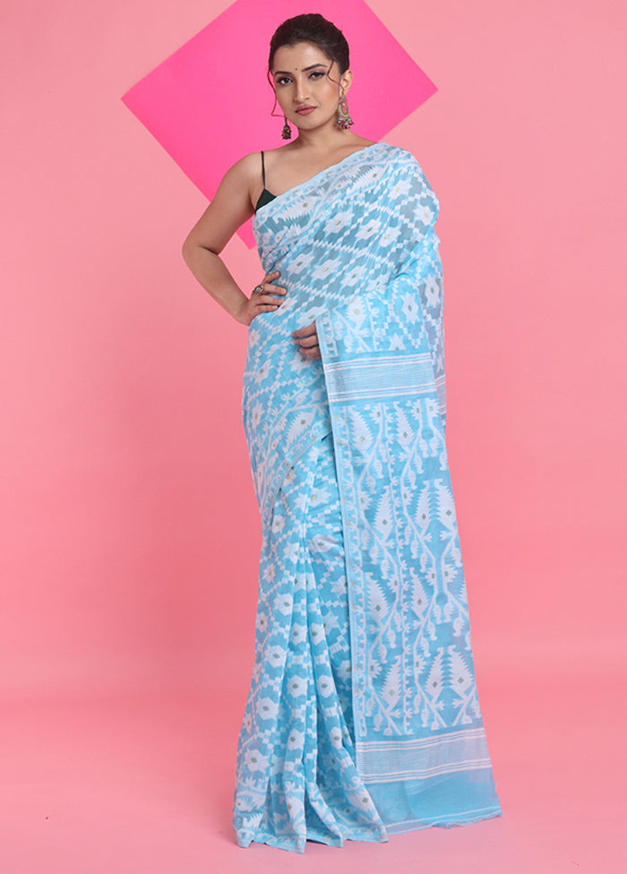 Sky Blue Cotton Woven Work Saree Without Blouse Piece