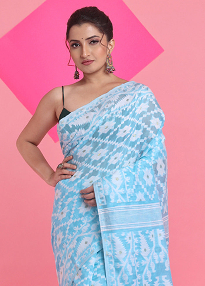 Sky Blue Cotton Woven Work Saree Without Blouse Piece