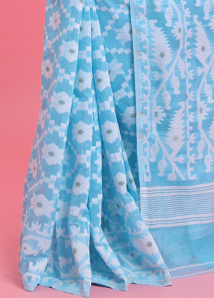 Sky Blue Cotton Woven Work Saree Without Blouse Piece