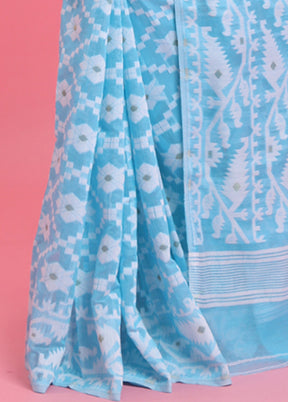 Sky Blue Cotton Woven Work Saree Without Blouse Piece