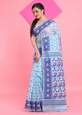 Sea Green Cotton Woven Work Saree Without Blouse Piece