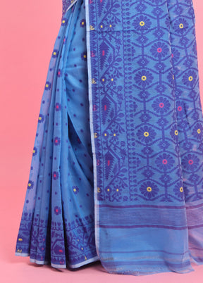 Sky Blue Cotton Woven Work Saree Without Blouse Piece