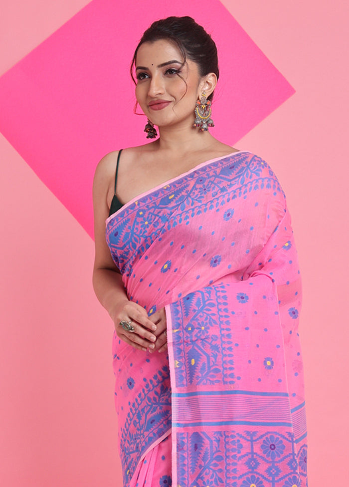 Pink Cotton Woven Work Saree Without Blouse Piece