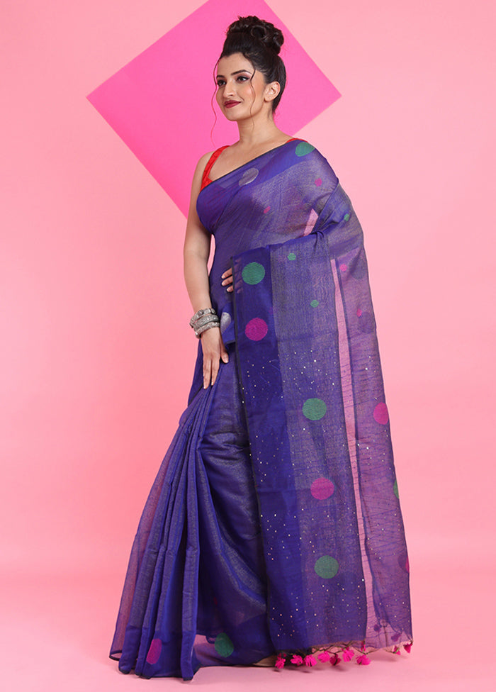 Blue Spun Silk Saree With Blouse Piece