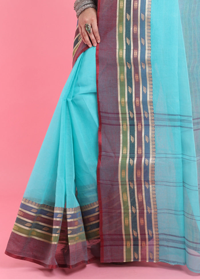 Sea Green Cotton Woven Work Saree Without Blouse Piece