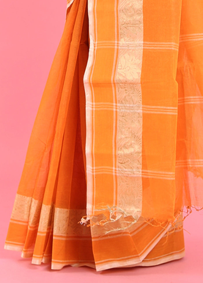 Orange Cotton Woven Work Saree Without Blouse Piece