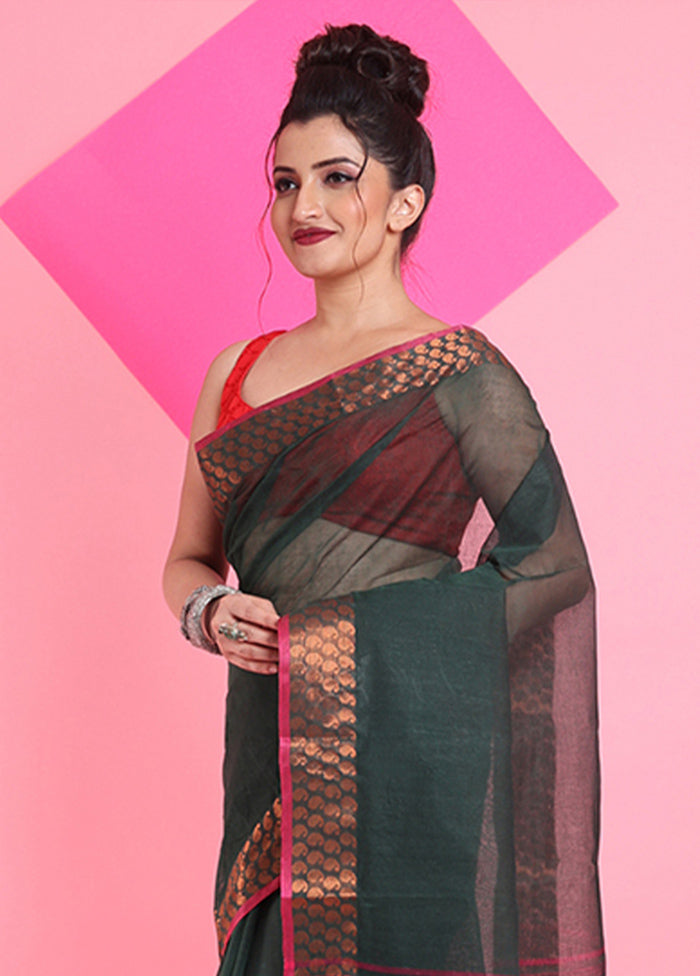 Bottle Green Cotton Woven Work Saree Without Blouse Piece