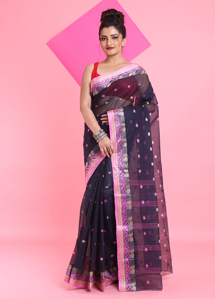 Navy Blue Cotton Woven Work Saree Without Blouse Piece