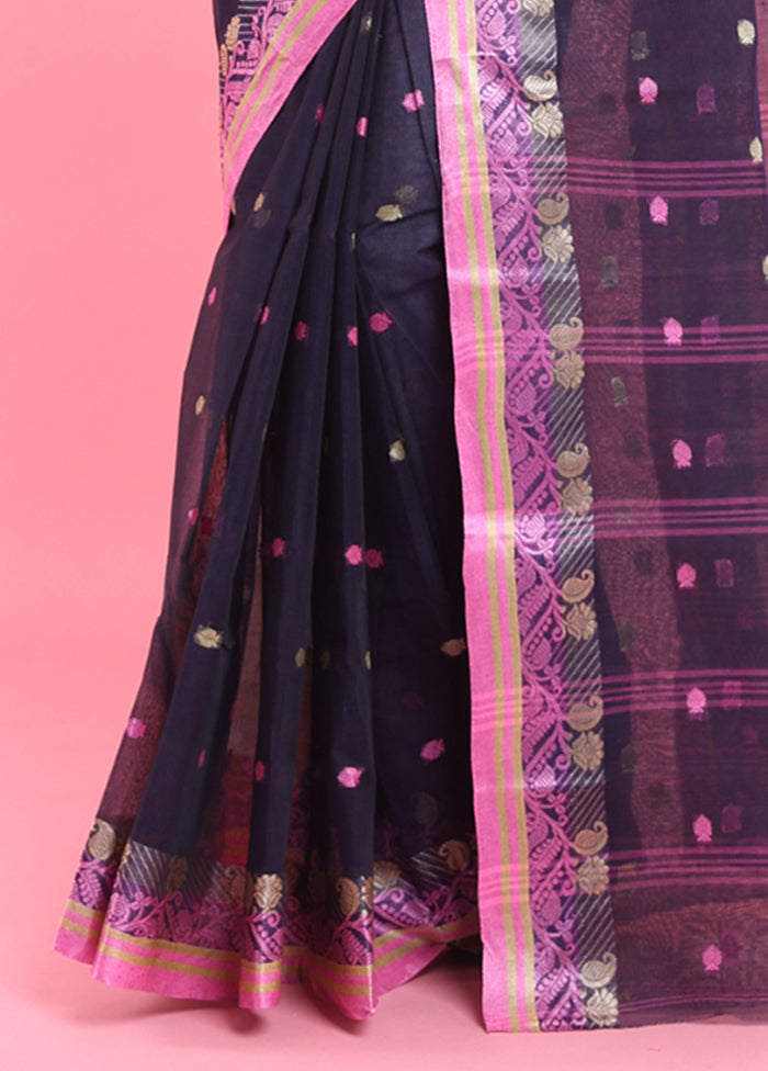 Navy Blue Cotton Woven Work Saree Without Blouse Piece