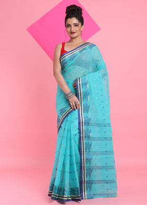 Sea Green Cotton Woven Work Saree Without Blouse Piece