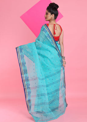 Sea Green Cotton Woven Work Saree Without Blouse Piece