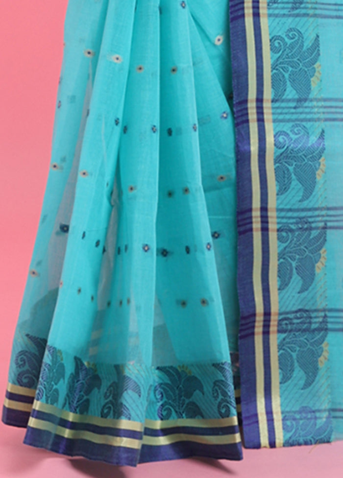 Sea Green Cotton Woven Work Saree Without Blouse Piece