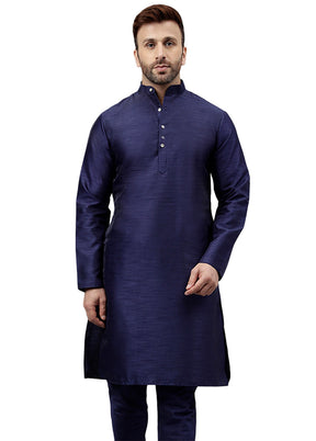 Navy Blue Dupion Silk Solid Kurta