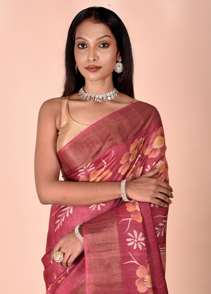 Pink Handloom Tussar Pure Silk Saree With Blouse Piece