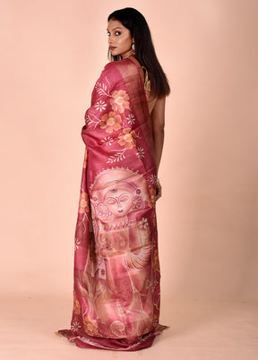 Pink Handloom Tussar Pure Silk Saree With Blouse Piece