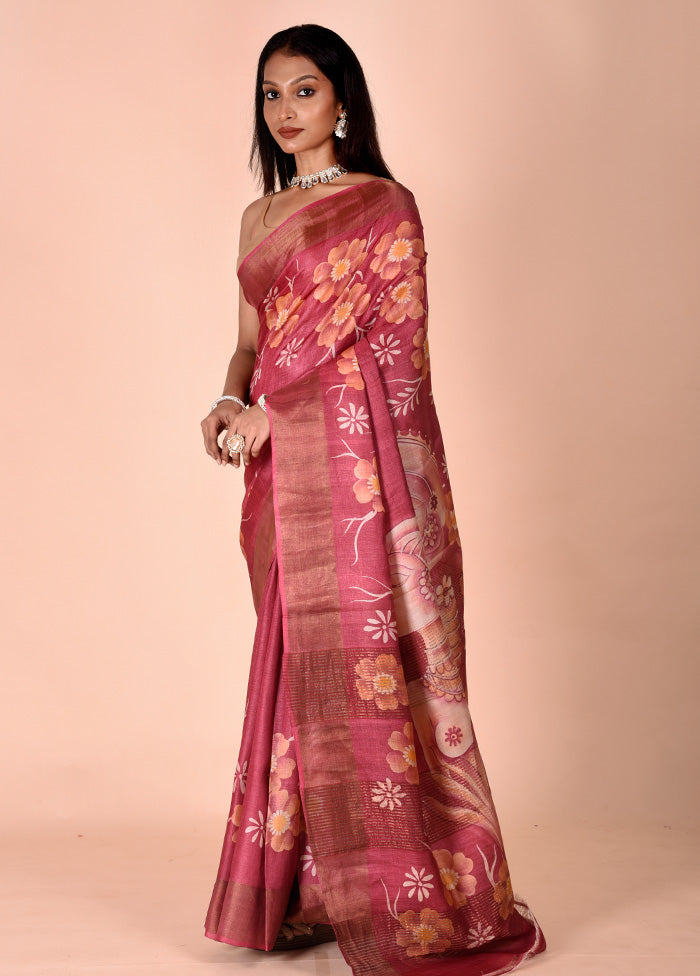 Pink Handloom Tussar Pure Silk Saree With Blouse Piece