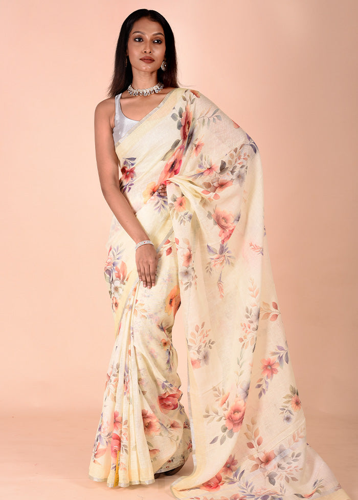 Cream Linen Silk Saree With Blouse Piece