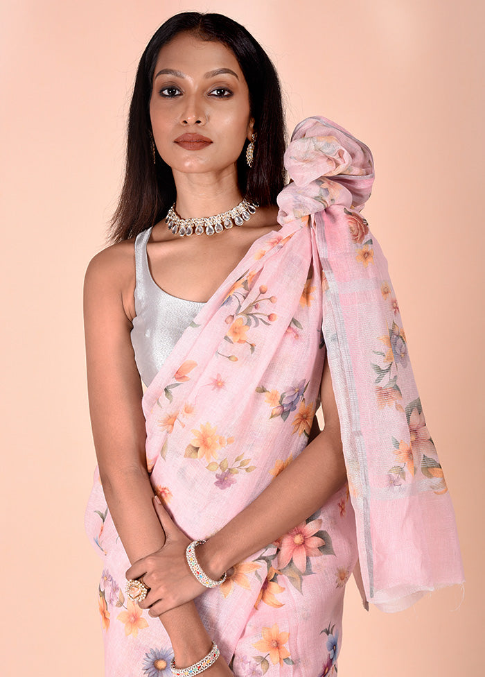 Pink Linen Silk Saree With Blouse Piece