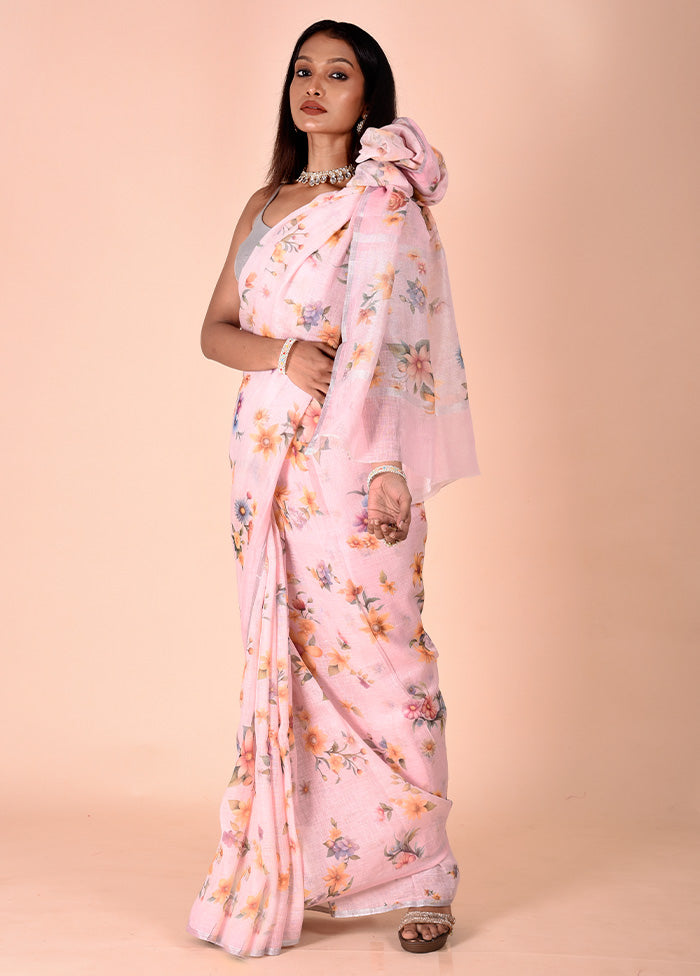 Pink Linen Silk Saree With Blouse Piece