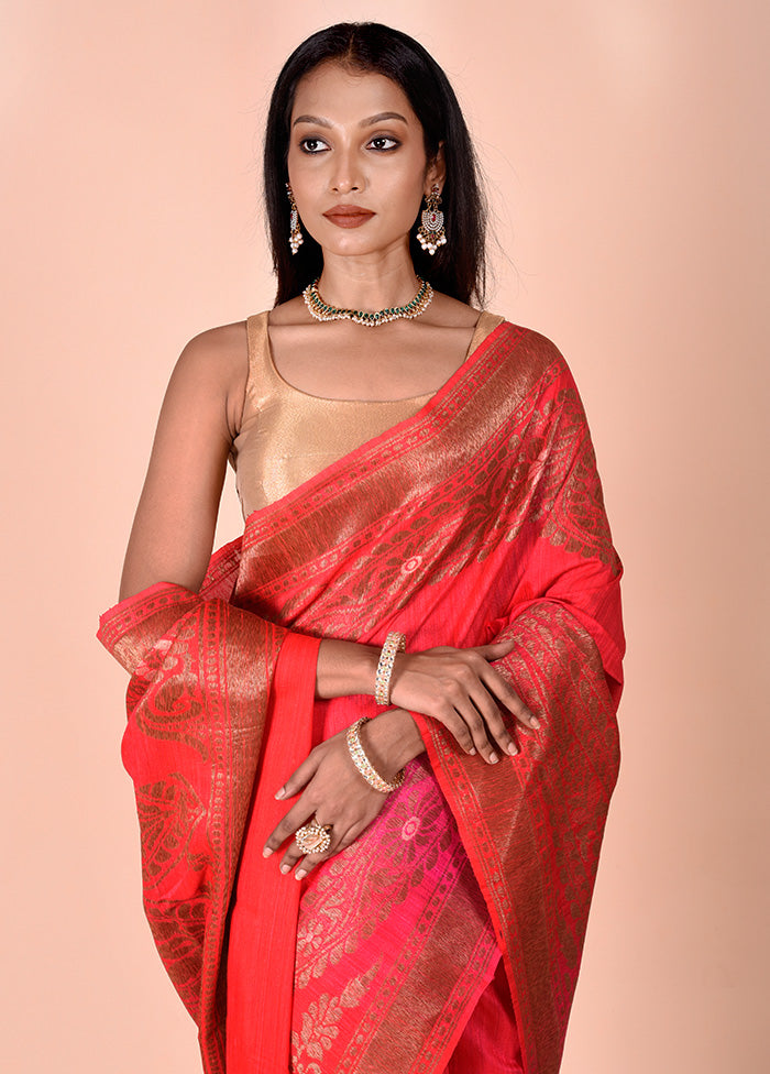 Red Handloom Tussar Pure Silk Saree With Blouse Piece