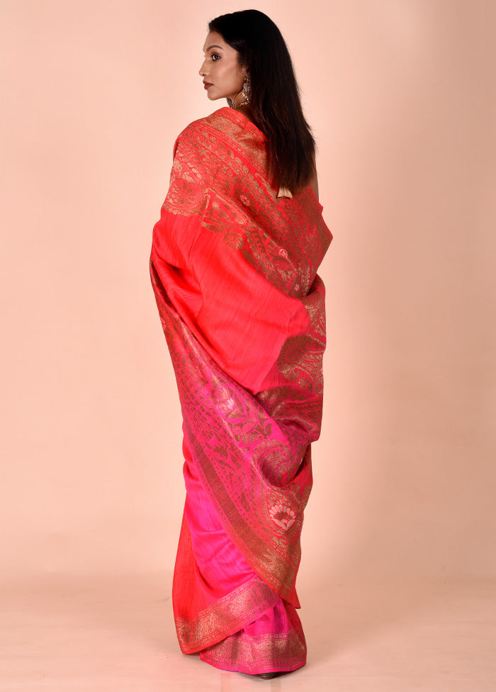 Red Handloom Tussar Pure Silk Saree With Blouse Piece