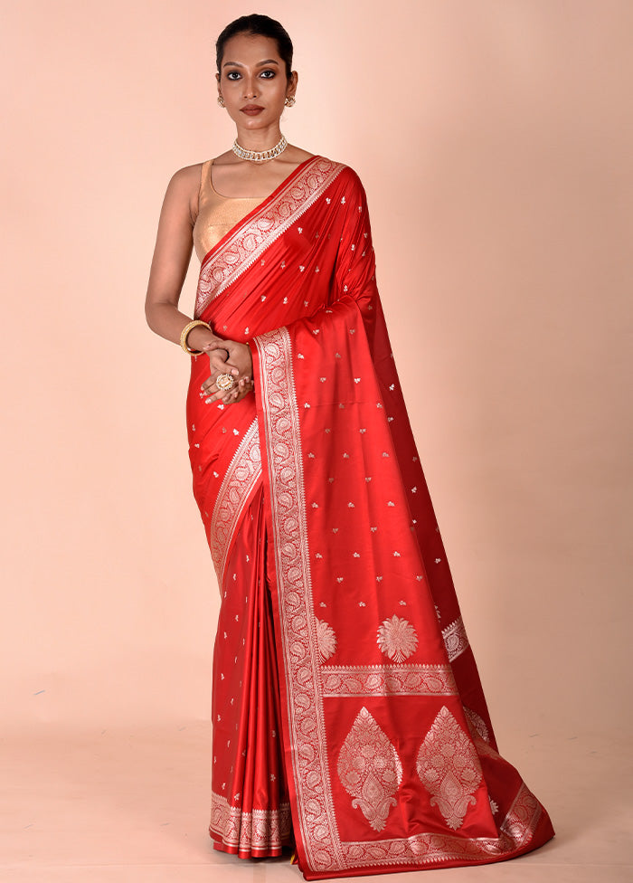 Red Banarasi Silk Saree With Blouse Piece