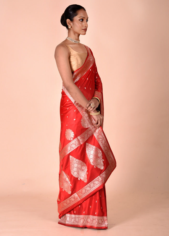 Red Banarasi Silk Saree With Blouse Piece