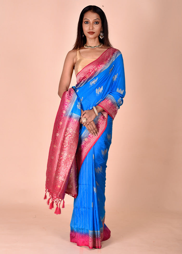 Blue Dupion Silk Saree With Blouse Piece