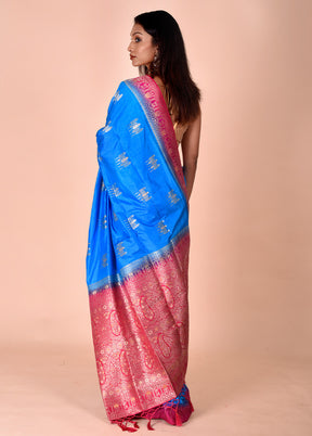 Blue Dupion Silk Saree With Blouse Piece