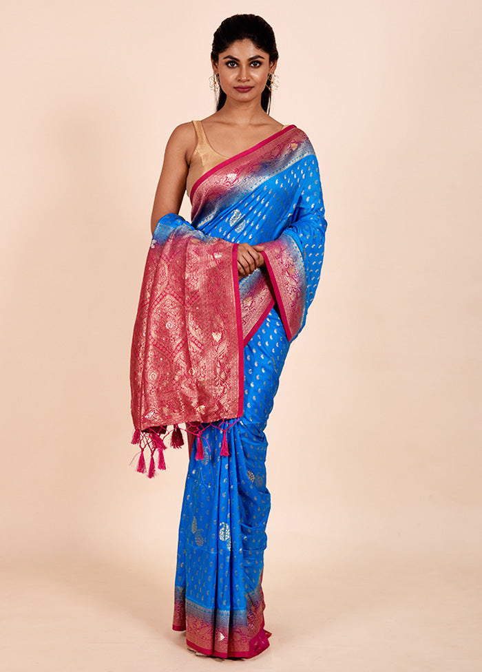 Blue Dupion Silk Saree With Blouse Piece