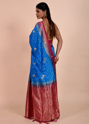 Blue Dupion Silk Saree With Blouse Piece