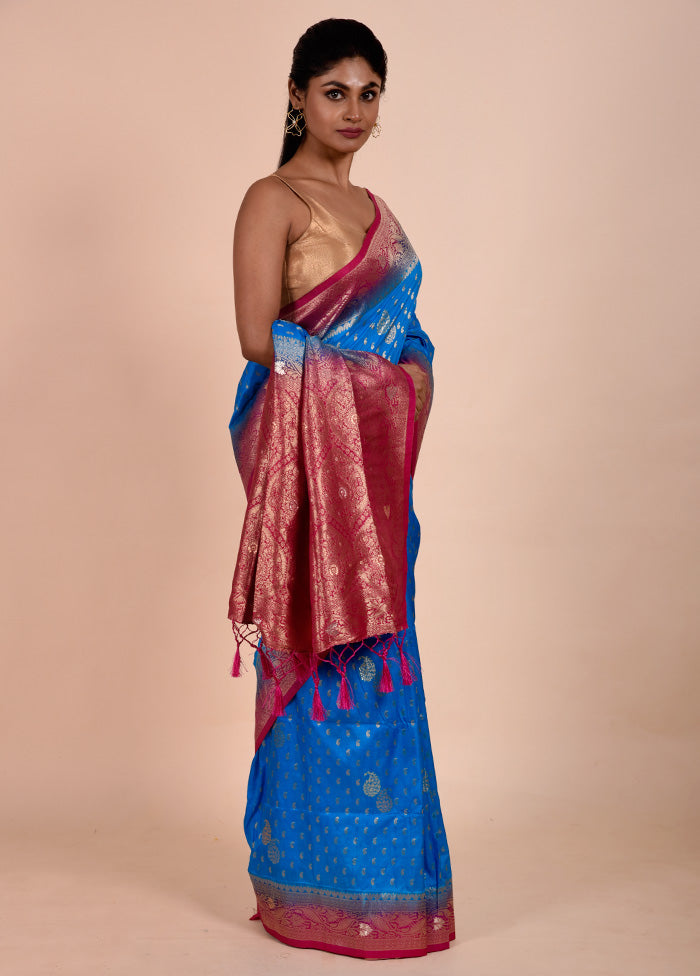 Blue Dupion Silk Saree With Blouse Piece