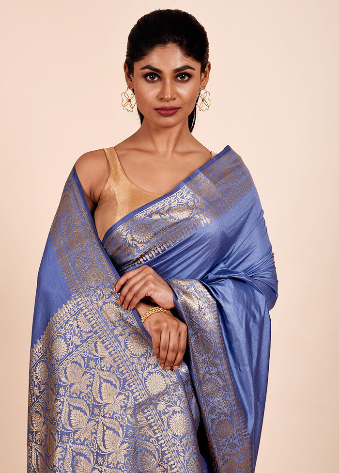 Blue Dupion Silk Saree With Blouse Piece