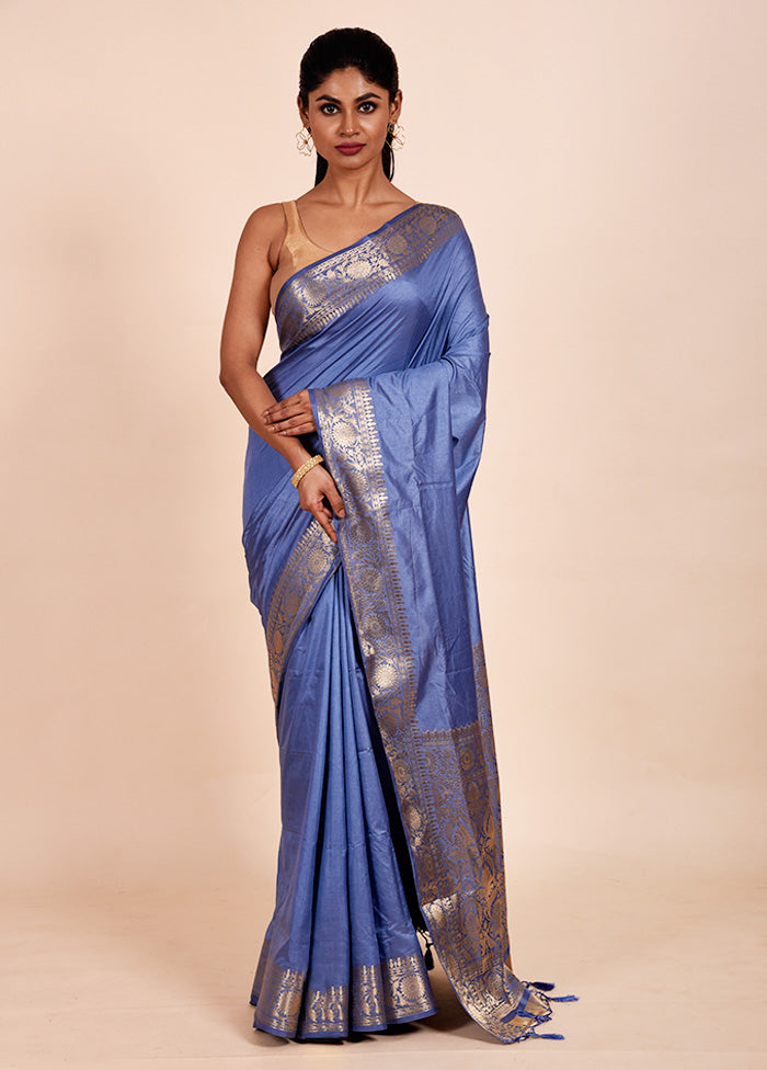 Blue Dupion Silk Saree With Blouse Piece