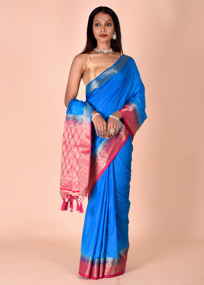 Blue Dupion Silk Saree With Blouse Piece