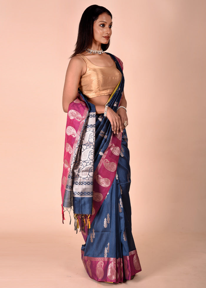 Blue Cotton Saree With Blouse Piece