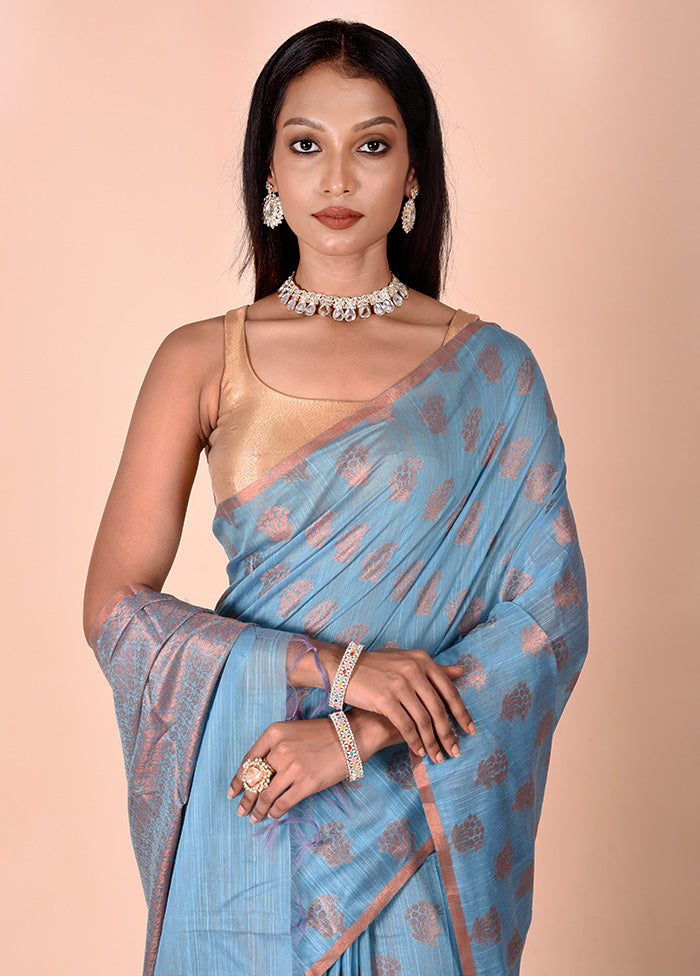 Blue Kora Silk Saree With Blouse Piece