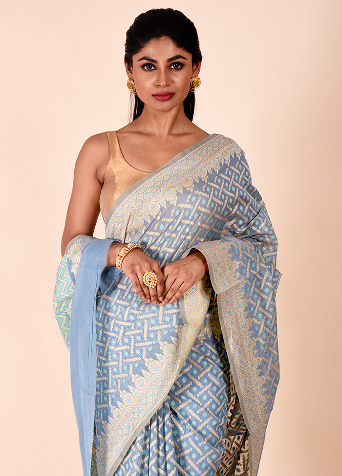 Blue Kora Silk Saree With Blouse Piece